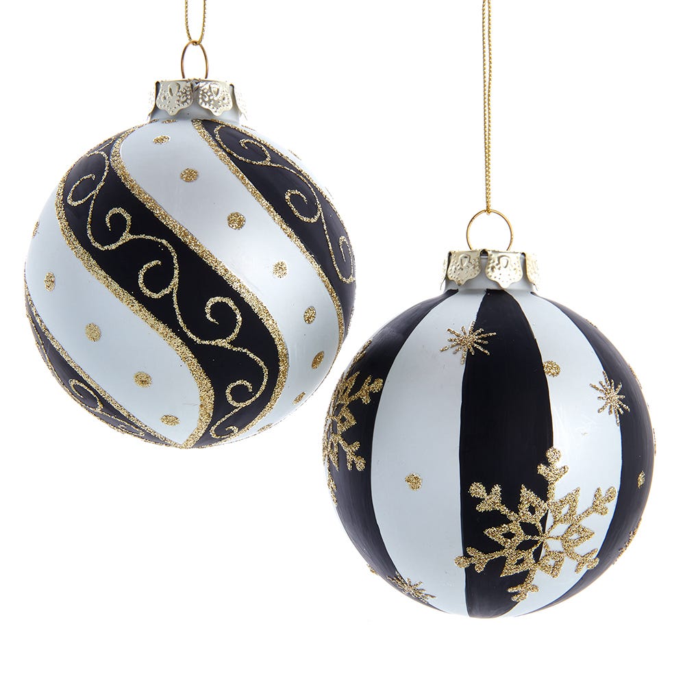 Kurt Adler 80 MM Silver/ Black/ Gold Glass Balls, 6-Piece Set
